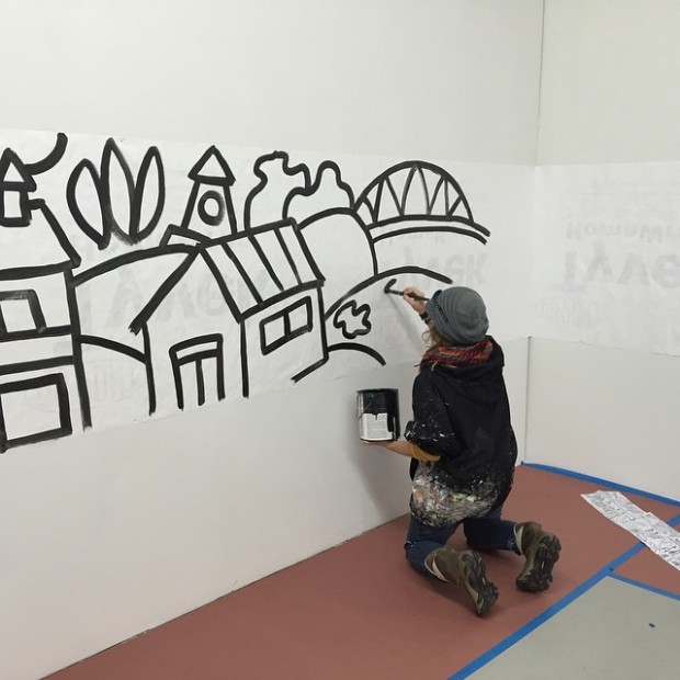 Andee Rudloff prepping for the mural painting at Ground Floor. Photo by Janet Decker Yanez.